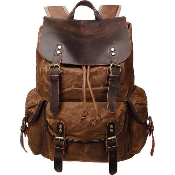 Rugged Leather and Waxed Canvas Backpack for Men, Shoulder Rucksack for Travel - Picture 1 of 7